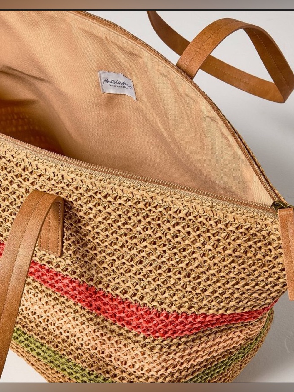 Woven Tote Beach Bag Striped Red Cream Green Hearth & Hand with Magnolia Summer - Picture 3 of 11